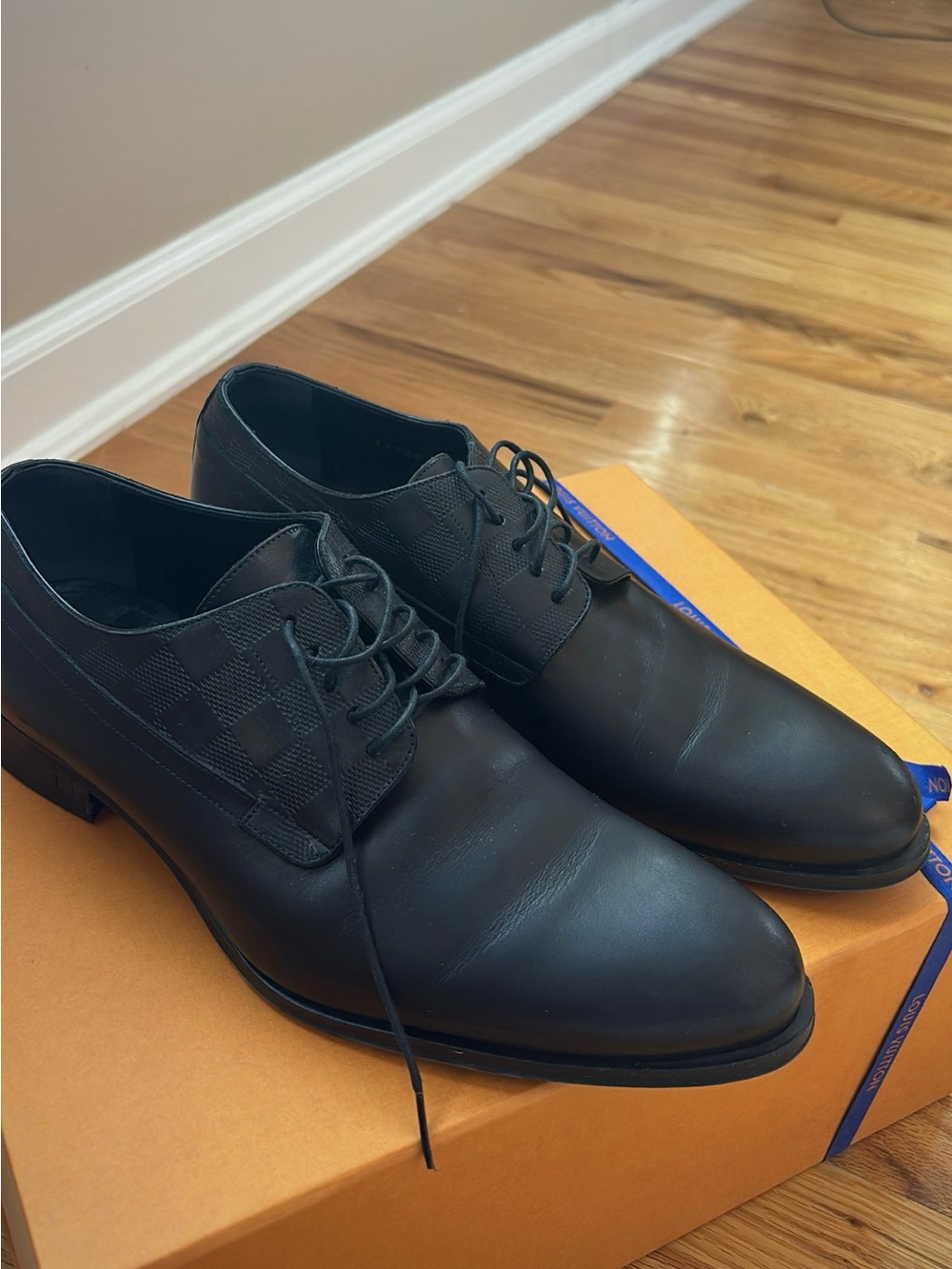 Louis Vuitton Black Derby Dress Shoes with Monogram Check Panels